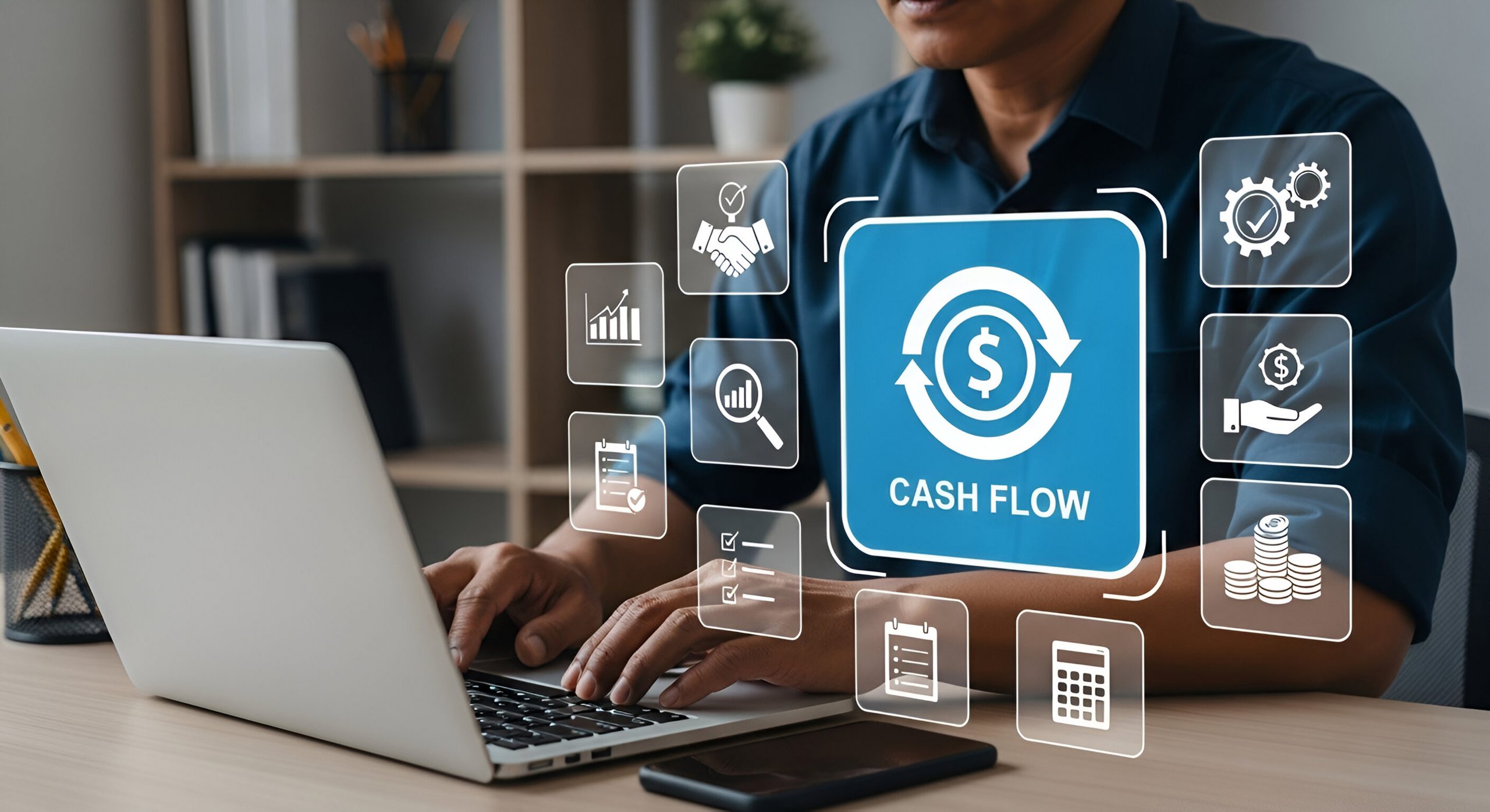 Cash flow management with icons and laptop finance